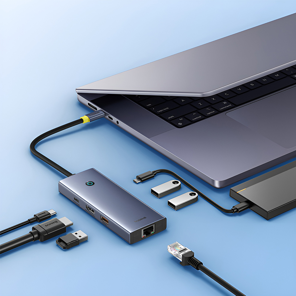 Hub USB-C Baseus UltraJoy 7-in-1, HDMI 4K@60Hz, USB-A 3.1 10Gbps, Incarcare PD 100W, Gigabit Ethernet RJ45, Aliaj de Aluminiu, Space Gray