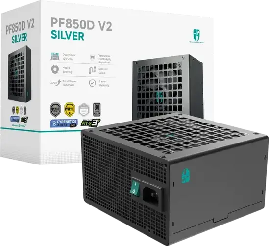 Sursa alimentare Deepcool PF850D V2 850W, 80 Plus Silver, ATX 3.1, PCIe 5.1, Conector 12V-2x6, Ventilator 120mm Hydro Bearing, Non-modulare, Neagra