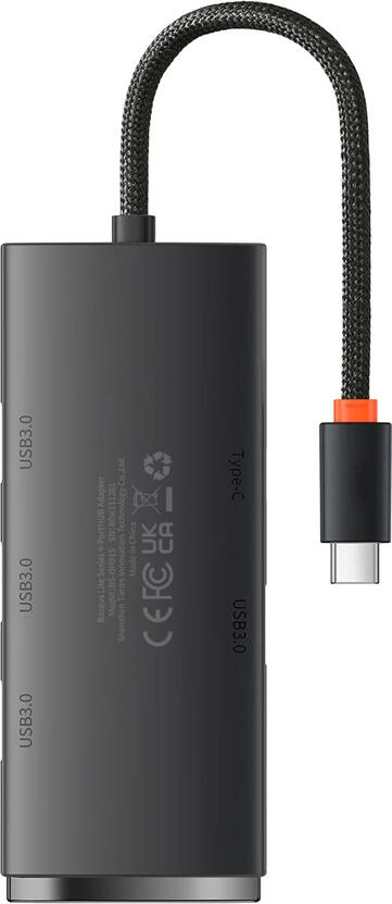 Hub USB Baseus Lite Series BBG-CH001S, Adaptor USB-C la 4x USB-A 3.0 si 1x USB-C 3.0, Corp din Aluminiu, Cablu Impletit, Plug and Play, Negru