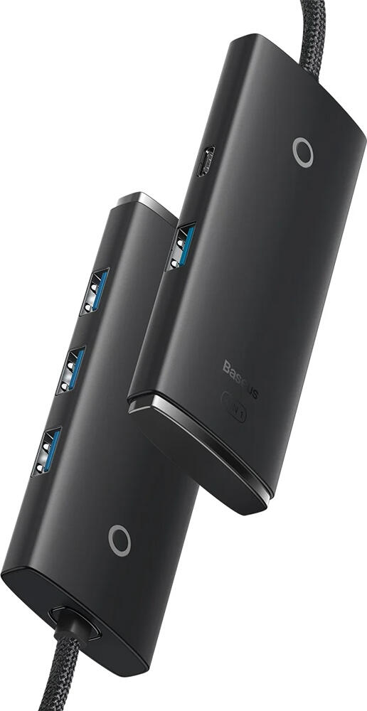 Hub USB Baseus Lite Series BBG-CH001S, Adaptor USB-C la 4x USB-A 3.0 si 1x USB-C 3.0, Corp din Aluminiu, Cablu Impletit, Plug and Play, Negru
