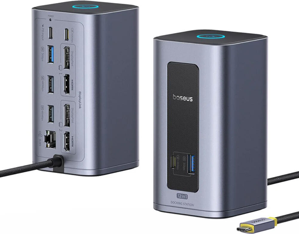 Baseus Spacemate RD1 Air Statiune de Andubare 12-in-1, Dual 4K HDMI si DisplayPort, PD 100W, USB-C 10Gbps, Ethernet RJ45, Aluminiu, pentru Mac si Windows