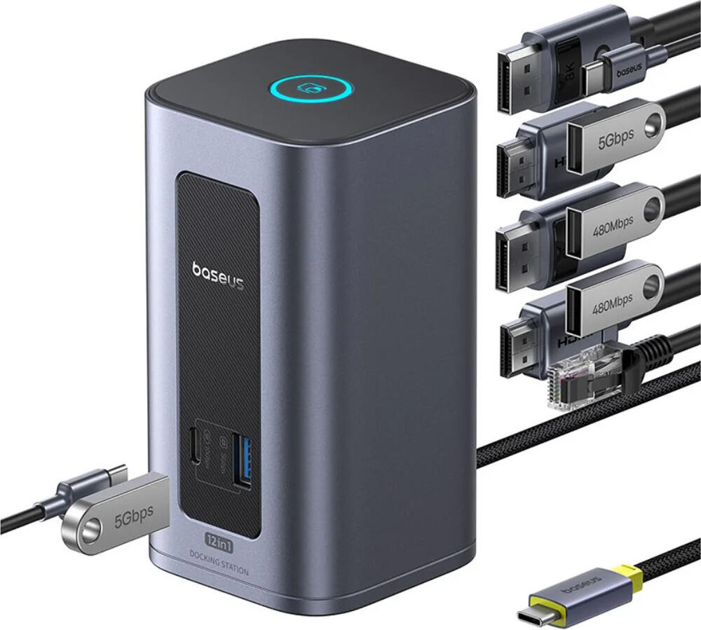 Baseus Spacemate RD1 Air Statiune de Andubare 12-in-1, Dual 4K HDMI si DisplayPort, PD 100W, USB-C 10Gbps, Ethernet RJ45, Aluminiu, pentru Mac si Windows