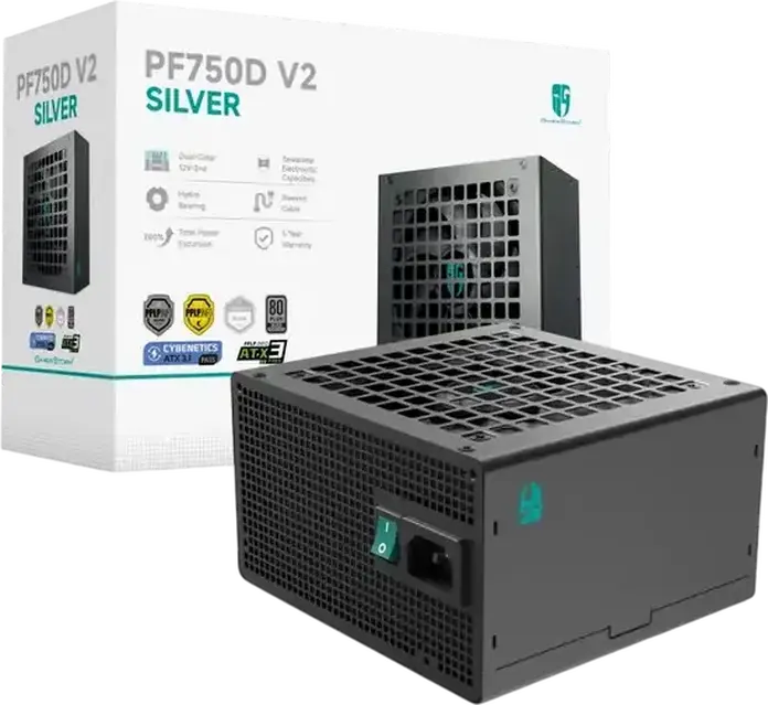 Блок питания Deepcool PF750D V2 750Вт, 80 Plus Silver, ATX 12V 3.1, DC-DC топология, Active PFC, вентилятор 120мм Hydro Bearing, плоские кабели, черный