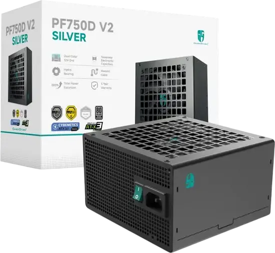 Блок питания Deepcool PF750D V2 750Вт, 80 Plus Silver, ATX 12V 3.1, DC-DC топология, Active PFC, вентилятор 120мм Hydro Bearing, плоские кабели, черный