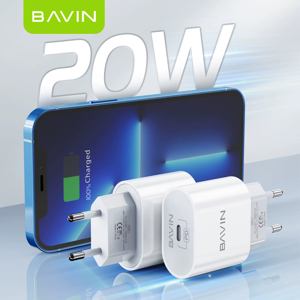 Incarcator rapid BAVIN PC851Y 20W USB-C Power Delivery, Priza EU, Material PC, Alb, Adaptor de Priza Compact si Portable