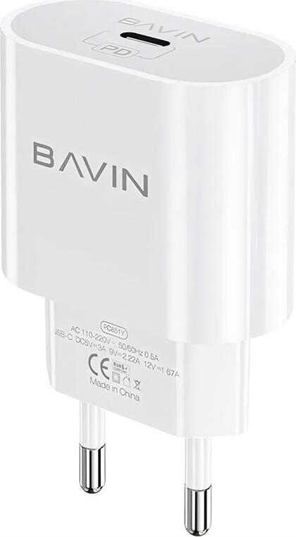 Incarcator rapid BAVIN PC851Y 20W USB-C Power Delivery, Priza EU, Material PC, Alb, Adaptor de Priza Compact si Portable
