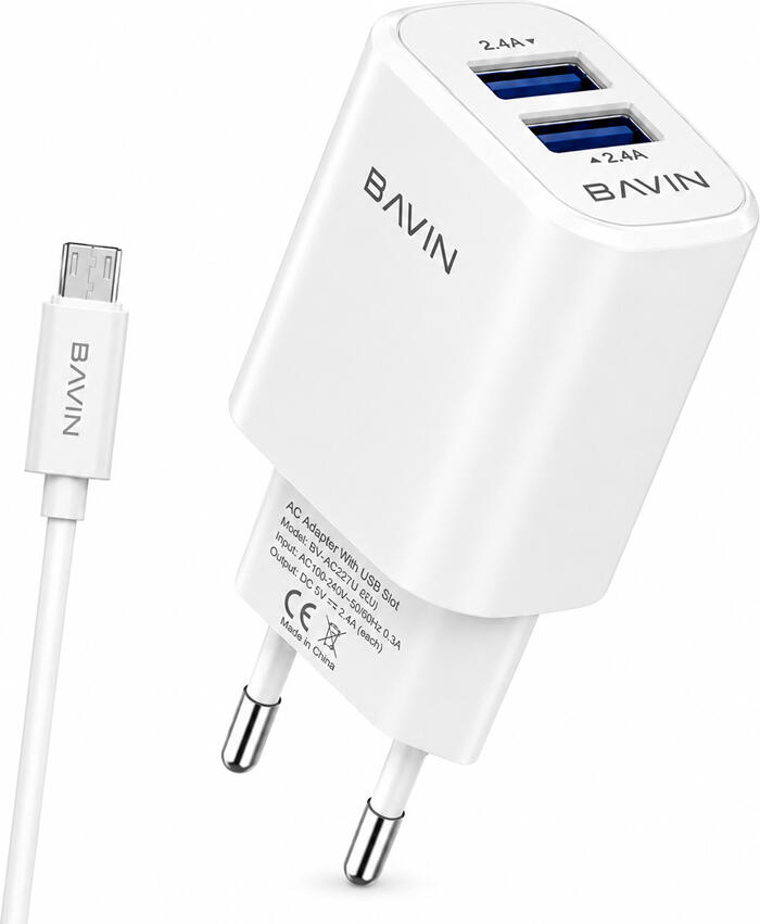 BAVIN Wall Charger Dual USB 2.4A + Cable Micro-USB, White