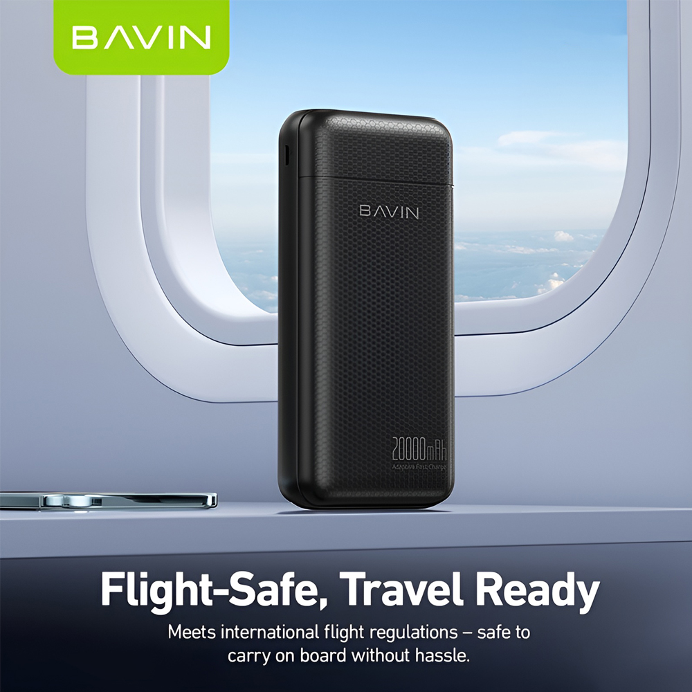 BAVIN PC1182 Power Bank 20000mAh 74Wh Li-Pol Battery, Dual USB-A Output, USB-C Input, Fast Charging, Flight-Safe Portable Charger, Black