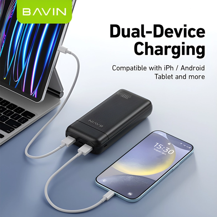 BAVIN PC1182 Power Bank 20000mAh 74Wh Li-Pol Battery, Dual USB-A Output, USB-C Input, Fast Charging, Flight-Safe Portable Charger, Black