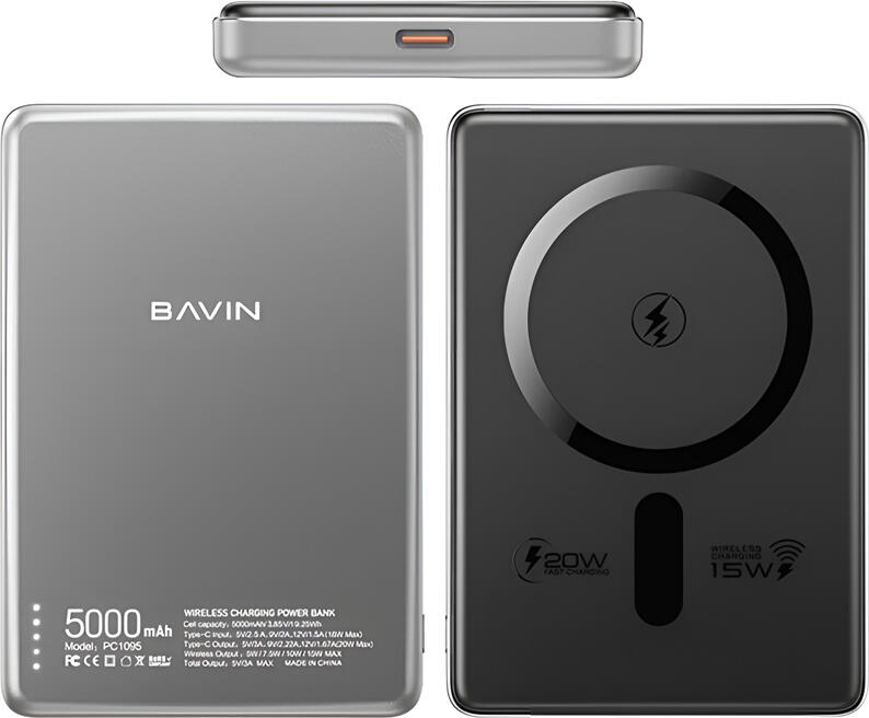 Baterie Externa BAVIN PC1095 Magnetica Wireless 5000mAh Compatibila MagSafe Incarcare Rapida 20W USB-C Slim din Aliaj de Aluminiu Gri