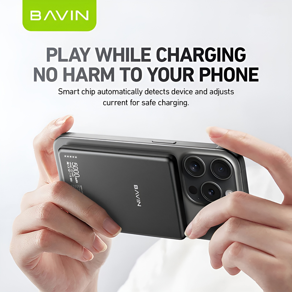Baterie Externa BAVIN PC1095 Magnetica Wireless 5000mAh Compatibila MagSafe Incarcare Rapida 20W USB-C Slim din Aliaj de Aluminiu Gri