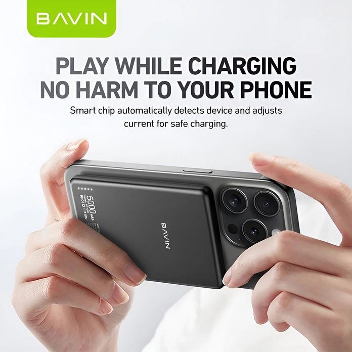 Baterie Externa BAVIN PC1095 Magnetica Wireless 5000mAh Compatibila MagSafe Incarcare Rapida 20W USB-C Slim din Aliaj de Aluminiu Gri