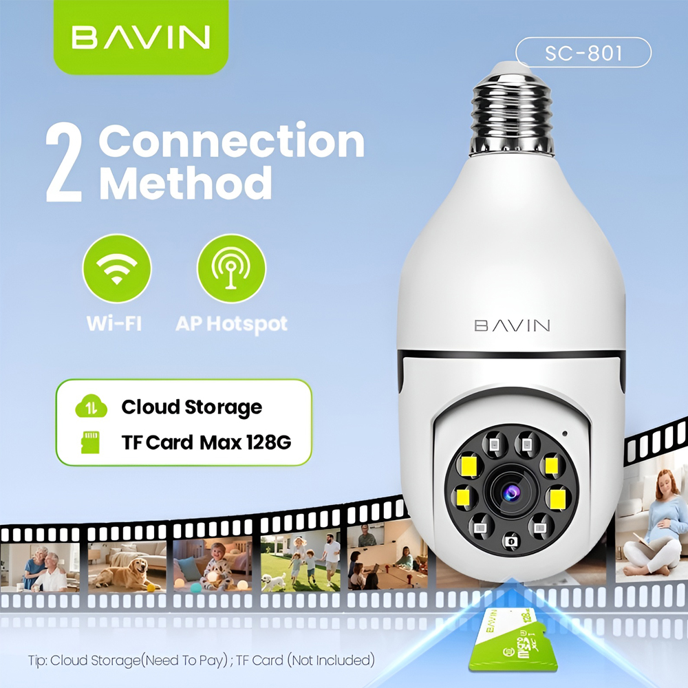 Camera de Supraveghere Smart BAVIN SC-801, Rezolutie 3MP 2K, Soclu Bec E27, PTZ Pan Tilt, Detectie AI Umana, Audio Bidirectional, Viziune Nocturna