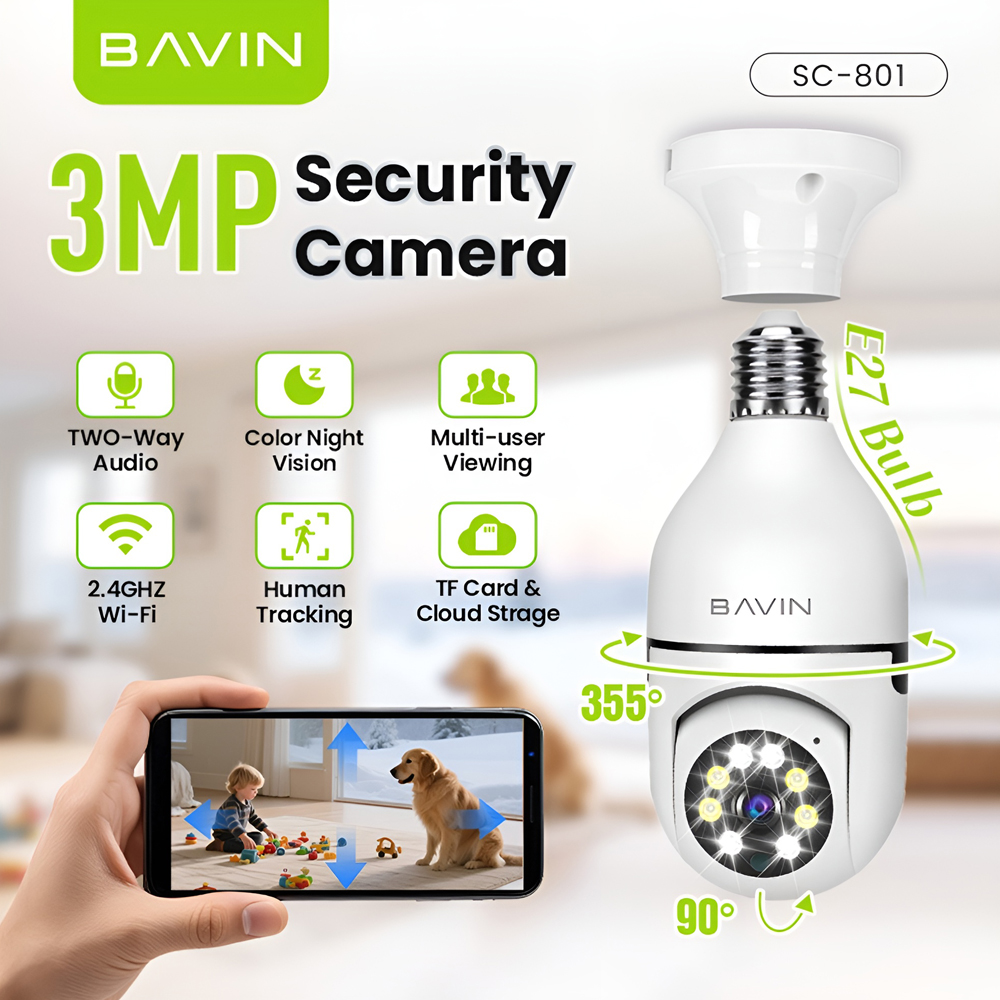 Camera de Supraveghere Smart BAVIN SC-801, Rezolutie 3MP 2K, Soclu Bec E27, PTZ Pan Tilt, Detectie AI Umana, Audio Bidirectional, Viziune Nocturna
