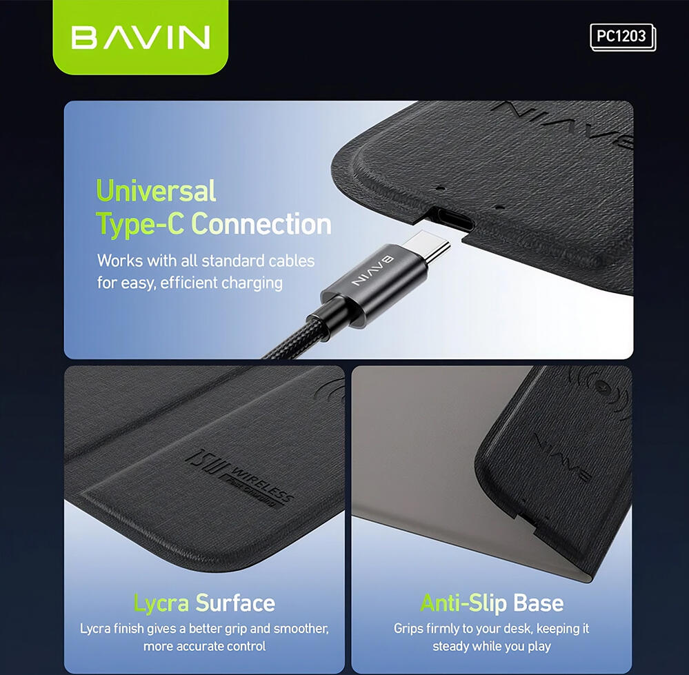 BAVIN PC1203 2-in-1 Mouse Pad with 15W Fast Wireless Charger, PU Leather and Lycra Surface, Anti-slip Rubber Base, 220x300x6.5mm, Black