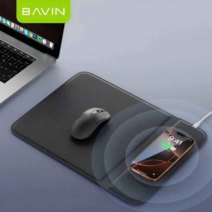 BAVIN PC1203 2-in-1 Mouse Pad with 15W Fast Wireless Charger, PU Leather and Lycra Surface, Anti-slip Rubber Base, 220x300x6.5mm, Black
