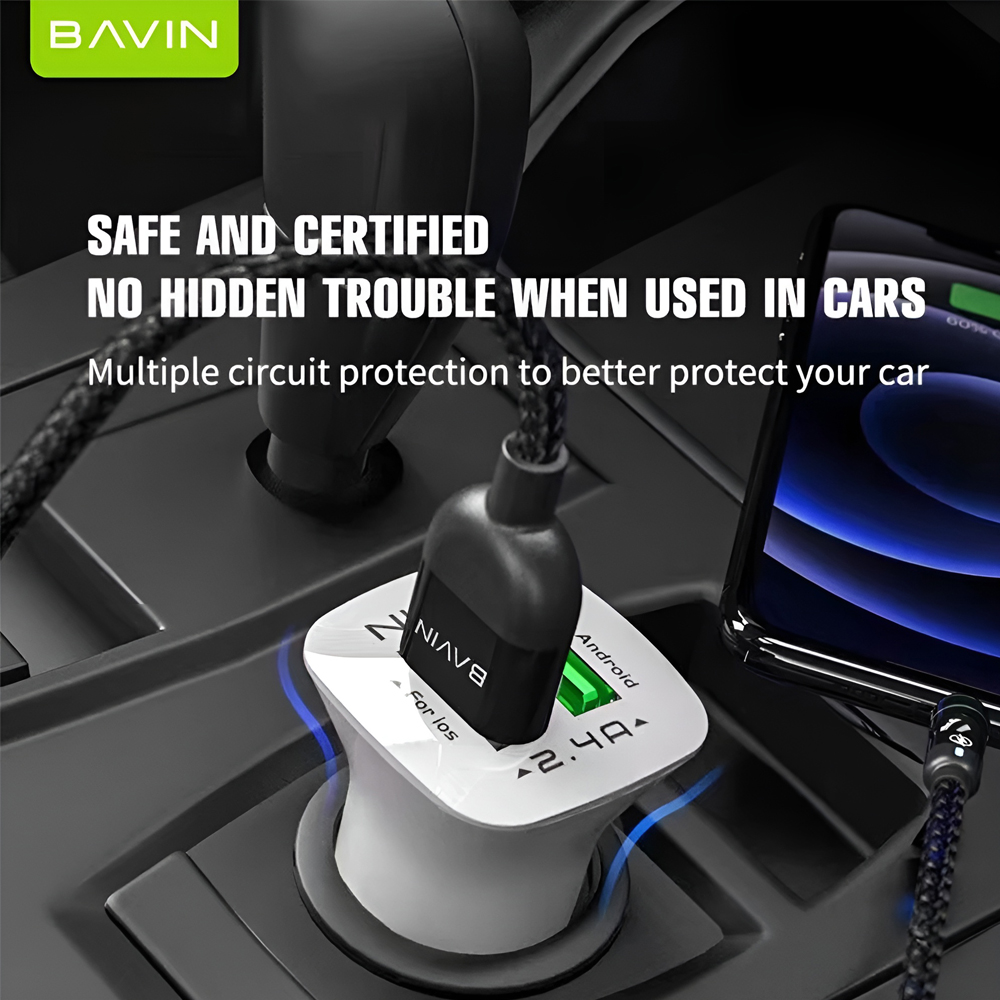 BAVIN Dual USB Car Charger 2.4A Fast Charger DC 12-24V Intelligent Output for iOS and Android, White