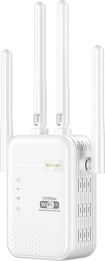 BAVIN Wi-Fi Signal Booster 1200Mbps, Dual Band (2.4G + 5G), 4 External Antennas, AP/Repeater Mode, White