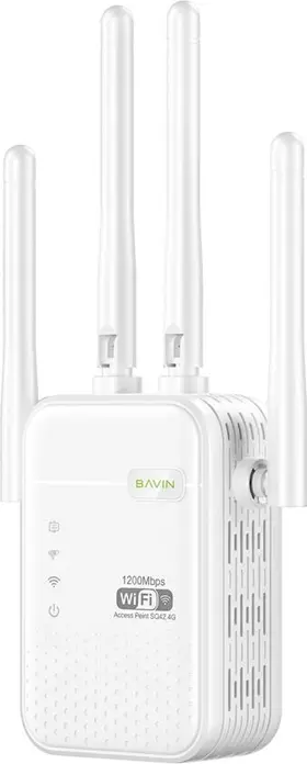 Bavin SQ42 Booster Wi-Fi Dual Band, Extender Repeater 1200 Mbps, 2.4GHz si 5GHz, 4 Antene Externe, Mod AP/Repeater, 2 Porturi LAN, Alb, ABS