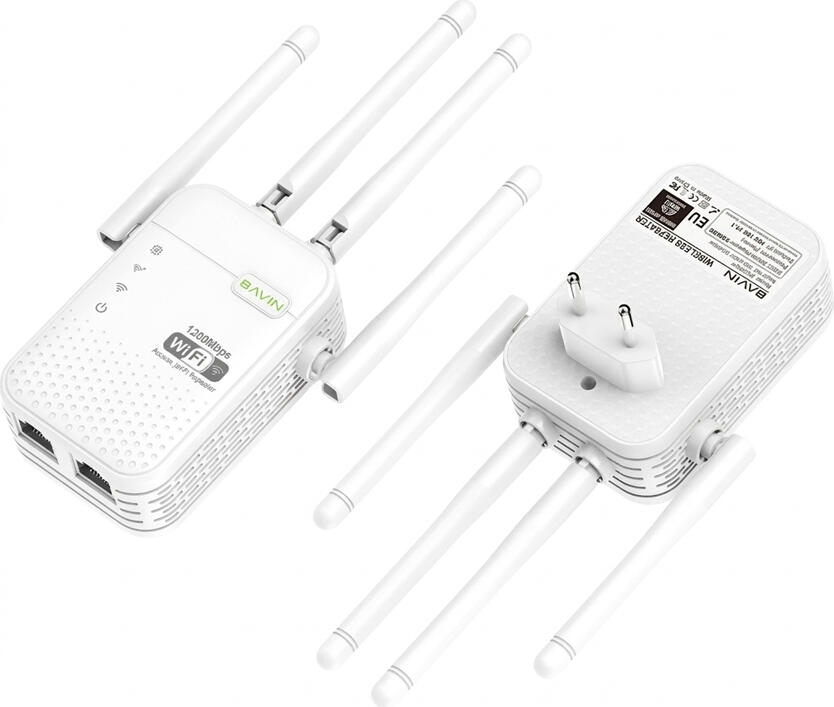 Bavin SQ42 Booster Wi-Fi Dual Band, Extender Repeater 1200 Mbps, 2.4GHz si 5GHz, 4 Antene Externe, Mod AP/Repeater, 2 Porturi LAN, Alb, ABS