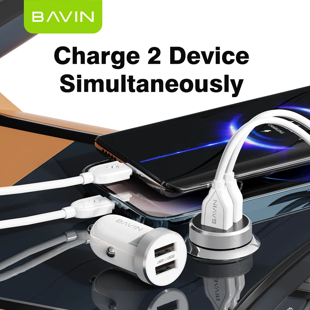 Автомобильное зарядное устройство BAVIN PC862 Dual USB 12W 2.4A с кабелем USB-A to Lightning, компактный адаптер из ABS и металла, 12В-24В