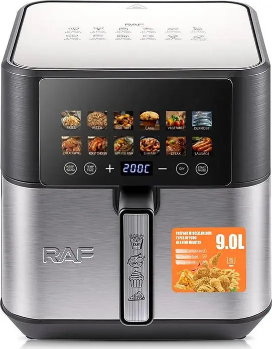 RAF R.5268 Air Fryer, 9L Capacity, 2200W, 360° 3D Hot Air Circulation, Dual Heating Elements, LED Touchscreen, 12 Presets, Black