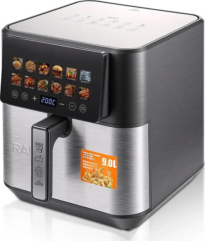 RAF R.5268 Air Fryer, 9L Capacity, 2200W, 360° 3D Hot Air Circulation, Dual Heating Elements, LED Touchscreen, 12 Presets, Black
