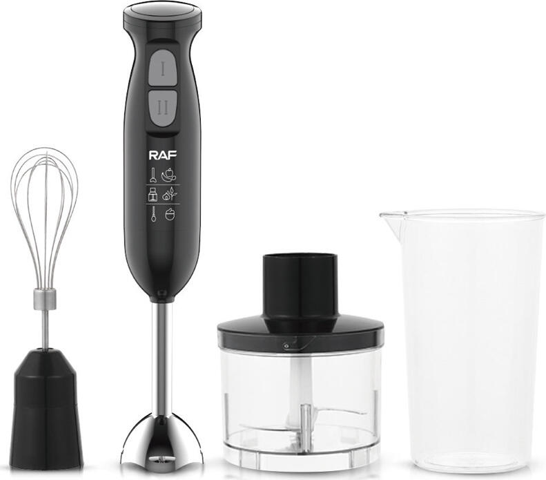 Set de 4 piese Blender Vertical RAF R.327, 800W, 2 Viteze, Lame din Otel Inoxidabil, Toator 0.5L, Pahar Graduat 0.6L, Negru