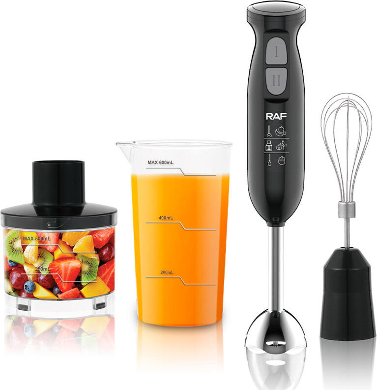 Set de 4 piese Blender Vertical RAF R.327, 800W, 2 Viteze, Lame din Otel Inoxidabil, Toator 0.5L, Pahar Graduat 0.6L, Negru