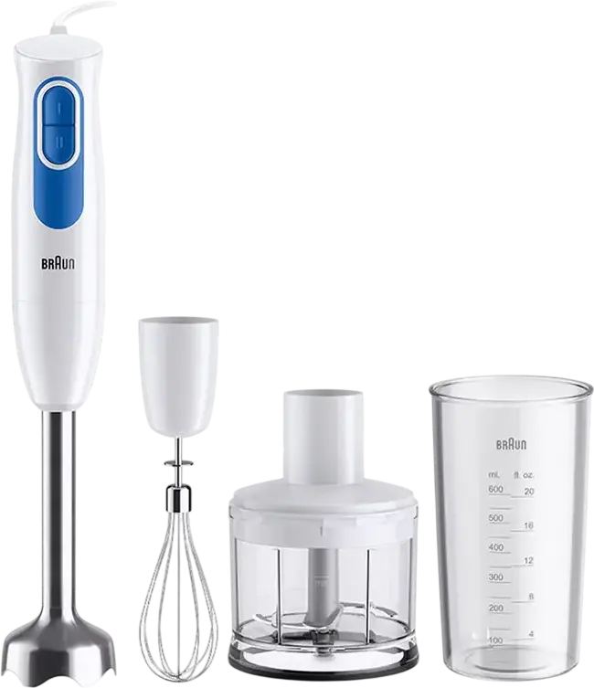 Set de 4 piese Blender Vertical Braun MultiQuick 2 MQ 20236 M WH, 600W, 2 Viteze, Inox, Toator 0.5L, Pahar 600ml, Alb
