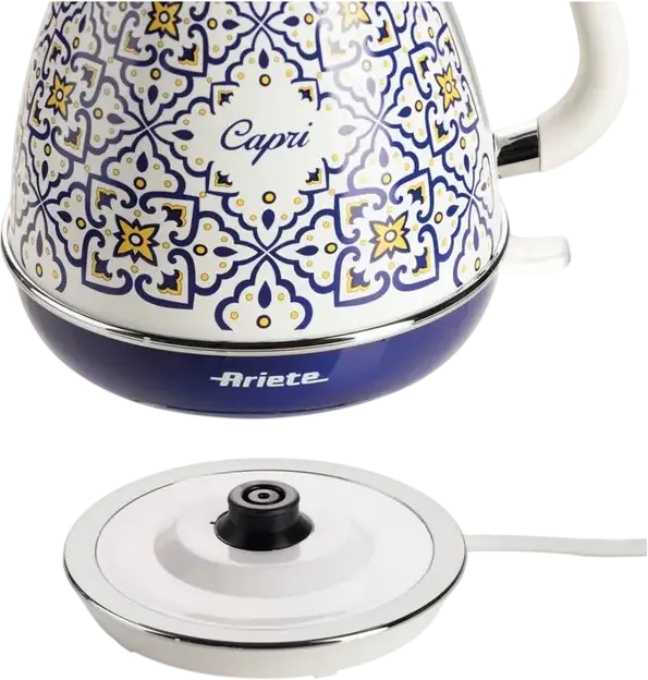 Fierbător electric Ariete 2869, Culoare Capri, Capacitate 1.7L, Putere 2200W, Oțel Inoxidabil, Bază Rotativă 360 de Grade, Filtru Anti-Calcar Demontabil, Design Conic