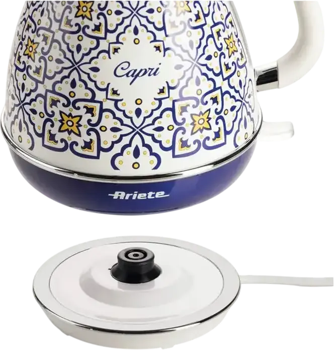 Fierbător electric Ariete 2869, Culoare Capri, Capacitate 1.7L, Putere 2200W, Oțel Inoxidabil, Bază Rotativă 360 de Grade, Filtru Anti-Calcar Demontabil, Design Conic