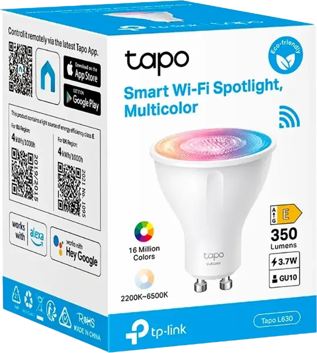 TP-Link Tapo L630 Smart Wi-Fi LED Spotlight GU10, 16 Million Colors, 2200K-6500K, 3.7W, 350lm, App Control, Alexa & Google Assistant Compatible