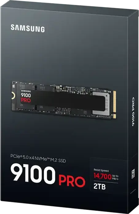SSD-накопитель Samsung 9100 PRO 2TB M.2 2280 NVMe PCIe 5.0 x4 без радиатора, скорость чтения до 14,700 МБ/с, записи 13,400 МБ/с, V-NAND TLC, совместим с PS5