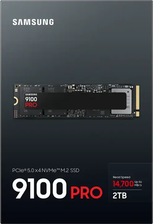 SSD-накопитель Samsung 9100 PRO 2TB M.2 2280 NVMe PCIe 5.0 x4 без радиатора, скорость чтения до 14,700 МБ/с, записи 13,400 МБ/с, V-NAND TLC, совместим с PS5