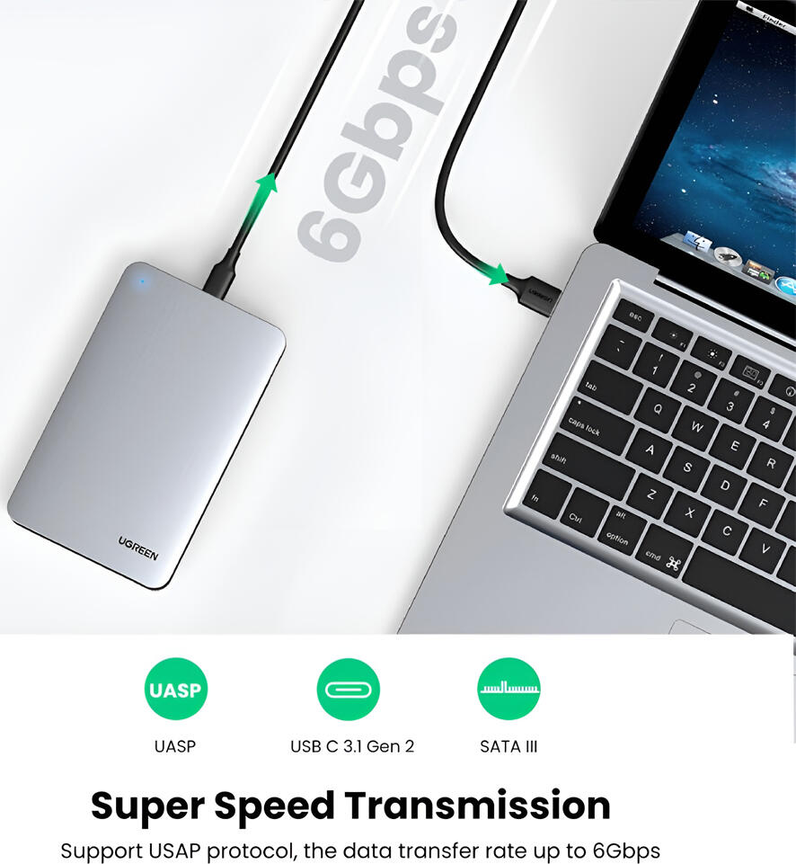 Внешний корпус для жесткого диска UGREEN 2.5 дюйма SATA III, Цвет: Серебристый, USB-C 3.1 Gen 2, 6 Гбит/с, поддержка UASP, установка без инструментов, чипсет ASMedia ASM235CM