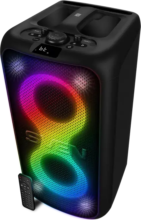 Sistem Difuzor Portabil pentru Petreceri SVEN PS-960, 160W RMS, Baterie 6000mAh, Bluetooth, NFC, TWS, Iluminare RGB, Corp MDF, cu Microfon Karaoke cu Fir
