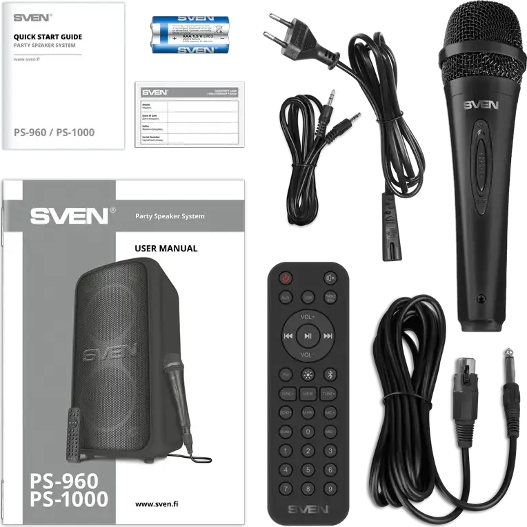 Sistem Difuzor Portabil pentru Petreceri SVEN PS-960, 160W RMS, Baterie 6000mAh, Bluetooth, NFC, TWS, Iluminare RGB, Corp MDF, cu Microfon Karaoke cu Fir