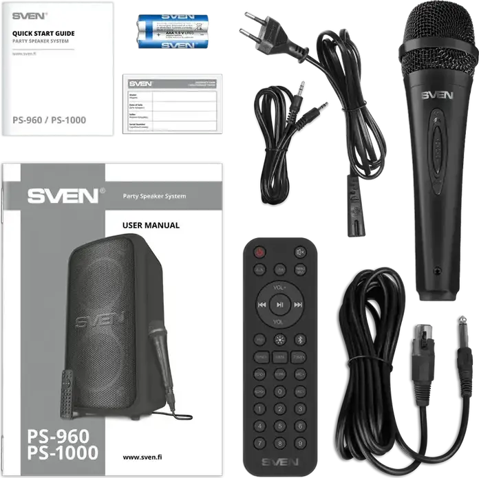 Sistem Difuzor Portabil pentru Petreceri SVEN PS-960, 160W RMS, Baterie 6000mAh, Bluetooth, NFC, TWS, Iluminare RGB, Corp MDF, cu Microfon Karaoke cu Fir