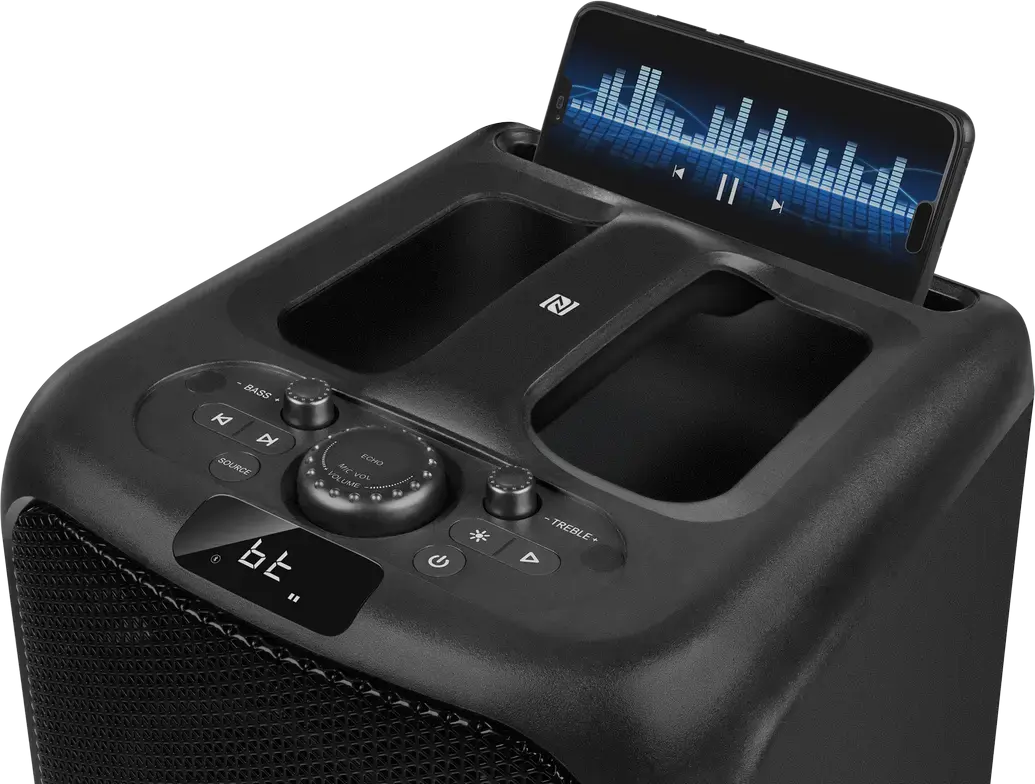 Sistem Difuzor Portabil pentru Petreceri SVEN PS-960, 160W RMS, Baterie 6000mAh, Bluetooth, NFC, TWS, Iluminare RGB, Corp MDF, cu Microfon Karaoke cu Fir