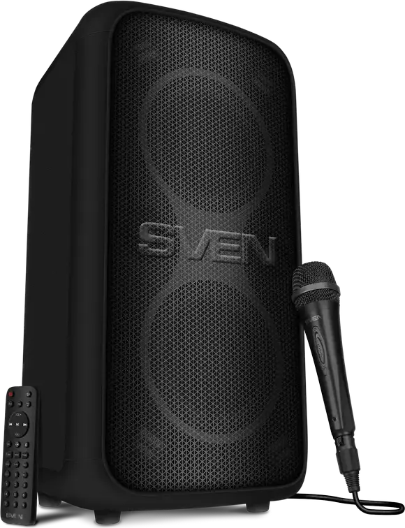 Sistem Difuzor Portabil pentru Petreceri SVEN PS-960, 160W RMS, Baterie 6000mAh, Bluetooth, NFC, TWS, Iluminare RGB, Corp MDF, cu Microfon Karaoke cu Fir