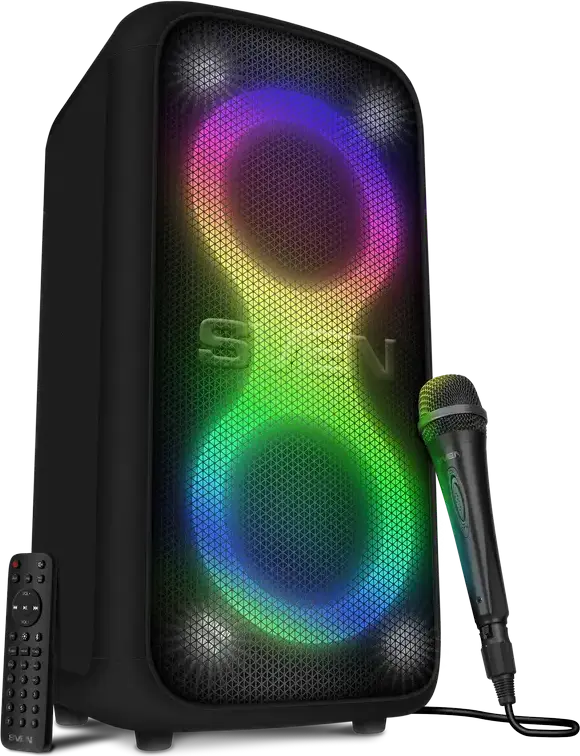 Sistem Difuzor Portabil pentru Petreceri SVEN PS-960, 160W RMS, Baterie 6000mAh, Bluetooth, NFC, TWS, Iluminare RGB, Corp MDF, cu Microfon Karaoke cu Fir