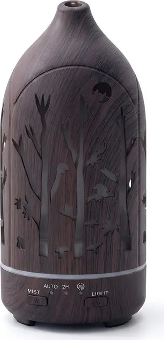 Bobolyn Wood Grain Ultrasonic Aroma Diffuser, 500ml Capacity, 12W Power, Dark Wood Finish with Forest Cutout Design, 2H Timer and LED Light