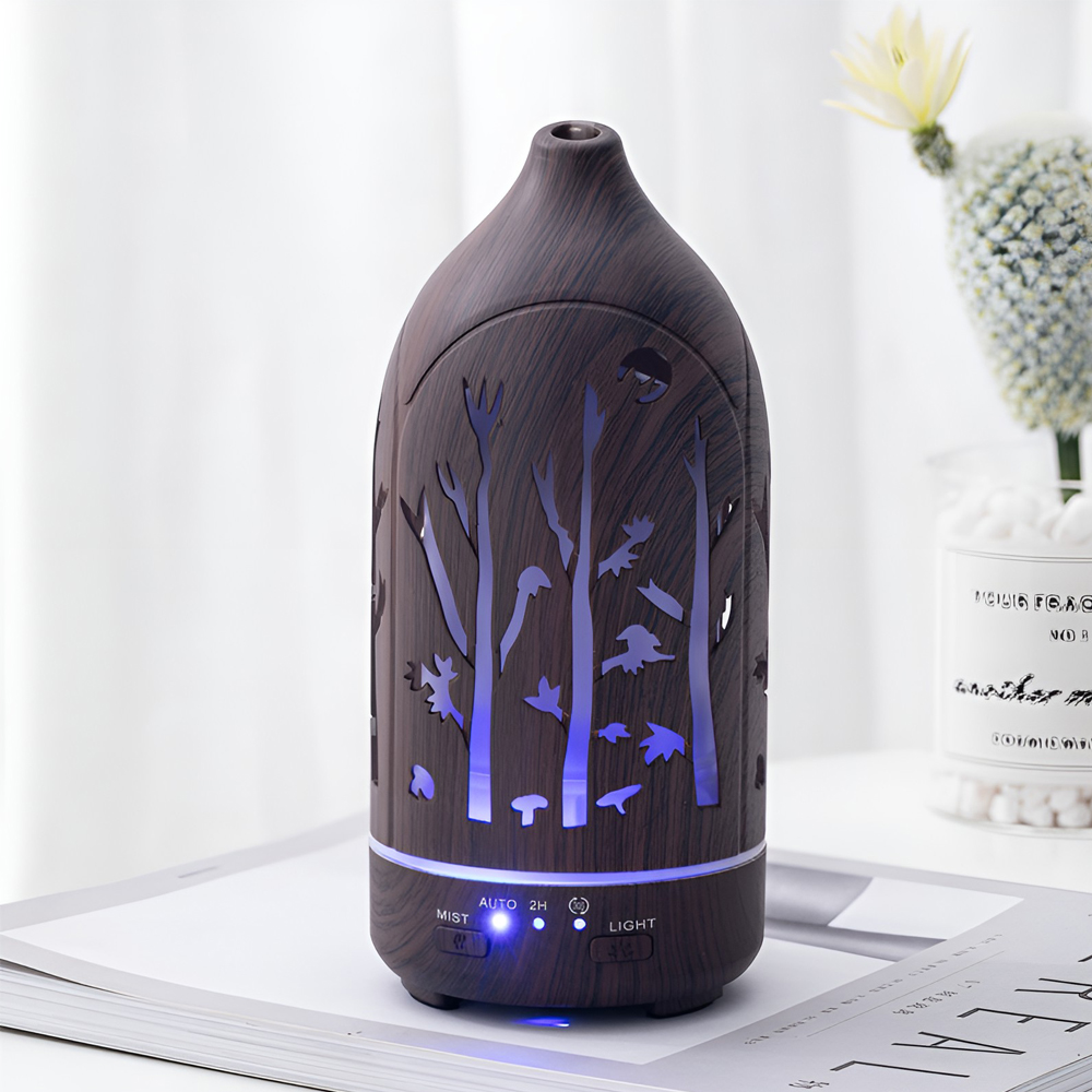Bobolyn Wood Grain Ultrasonic Aroma Diffuser, 500ml Capacity, 12W Power, Dark Wood Finish with Forest Cutout Design, 2H Timer and LED Light