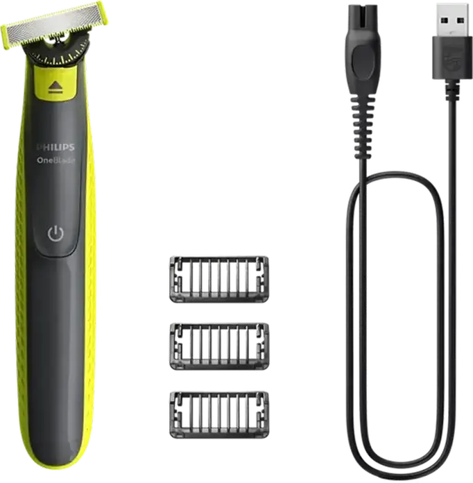 Trimmer Philips OneBlade QP2724/23 pentru Barba si Mustata, Lama 360 din Otel Inoxidabil, 5 Setari Lungime 1-5mm, Incarcare USB, Set de 5 Piese
