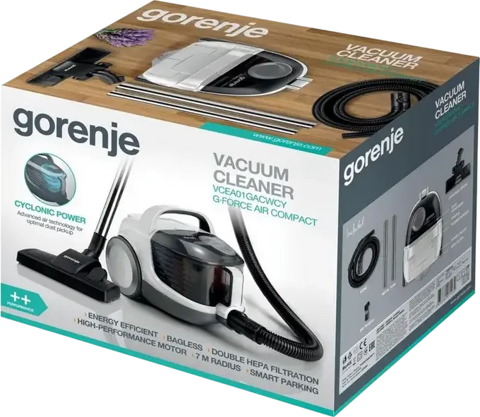 Gorenje VCEA01GACWCY G-Force Air Compact Bagless Vacuum Cleaner, 800W, 2.2L Container, Double HEPA Filtration, Telescopic Metal Tube, White/Black