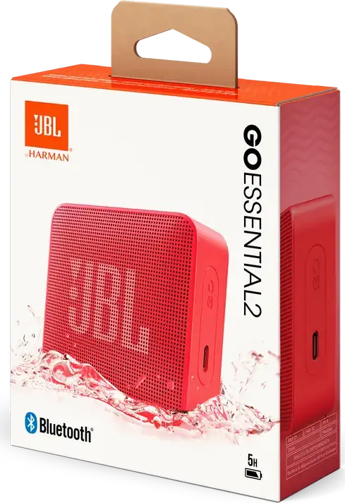 JBL GO Essential 2 Portable Bluetooth Speaker, Red, USB-C Charging, Compact Rectangular Design with Fabric Grille