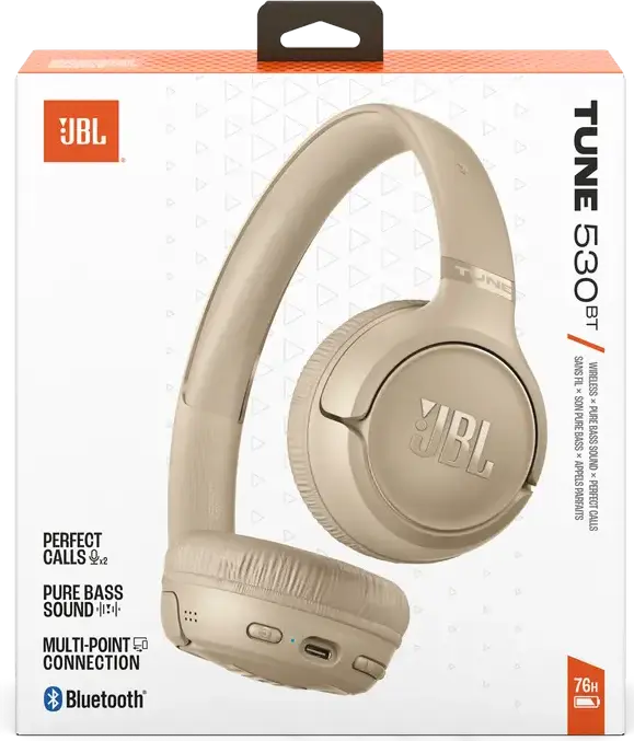 Беспроводные накладные наушники JBL Tune 530BT, Pure Bass Sound, до 76 часов работы, Bluetooth 6.0, Multipoint, встроенный микрофон, бежевый