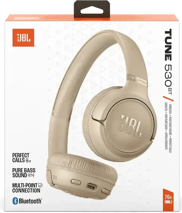 Беспроводные накладные наушники JBL Tune 530BT, Pure Bass Sound, до 76 часов работы, Bluetooth 6.0, Multipoint, встроенный микрофон, бежевый