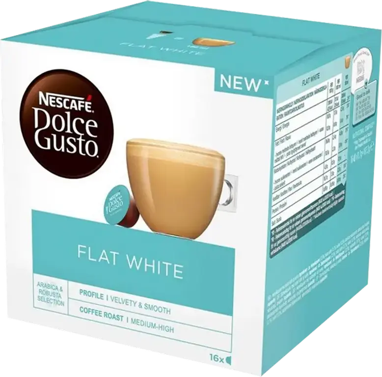 Nescafe Dolce Gusto Flat White Coffee Capsules, Arabica & Robusta Blend, Velvety Smooth Taste, Medium-High Roast, 180ml Serving, Set of 16 Capsules